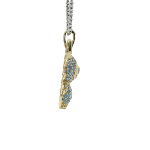 14KT Gold Charm Medium 3D Flat Back LaBuBu Navy Blue Oval CZ Stones Eyes, Turquoise CZ Stones Body and Bell