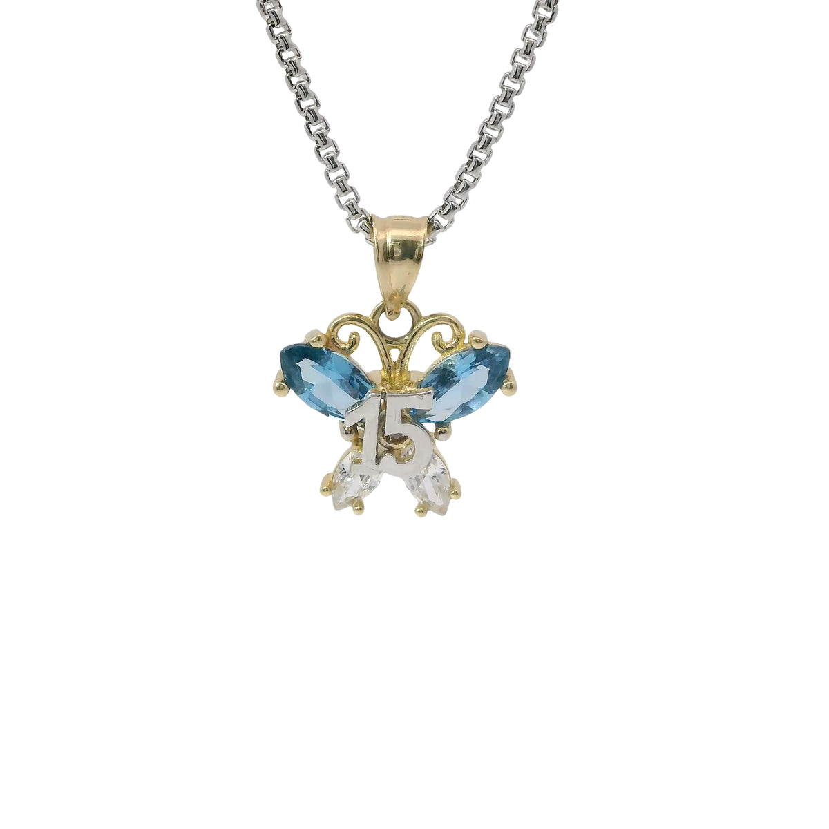 14KT Gold Charm Small Two Tone Quinceanera Butterfly with Light Blue CZ Stones Top Wings and White CZ Stones Lower Wings and Plain Bell