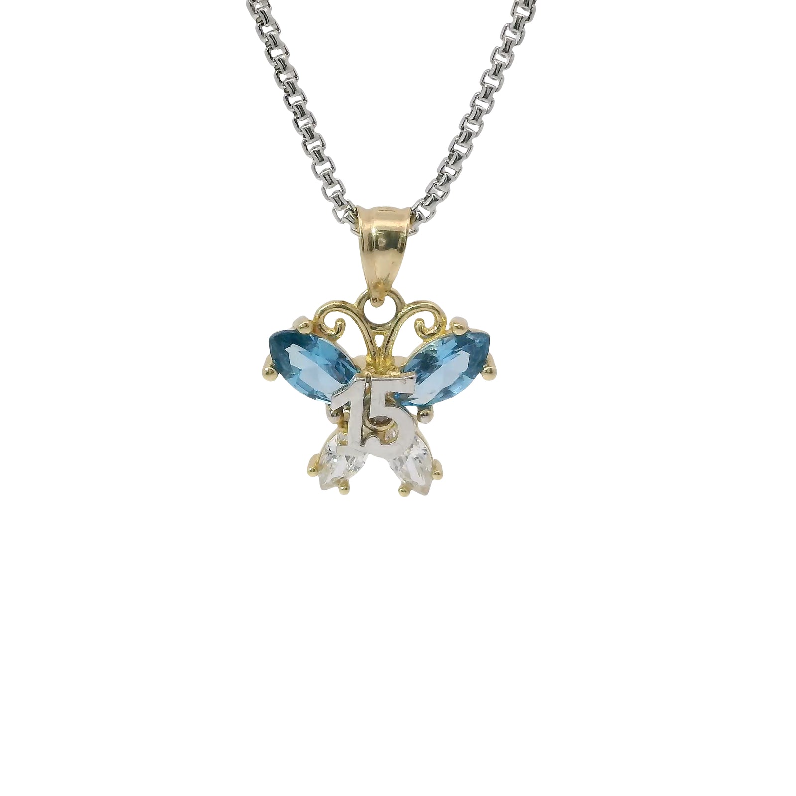 14KT Gold Charm Small Two Tone Quinceanera Butterfly with Light Blue CZ Stones Top Wings and White CZ Stones Lower Wings and Plain Bell