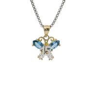 14KT Gold Charm Small Two Tone Quinceanera Butterfly with Light Blue CZ Stones Top Wings and White CZ Stones Lower Wings and Plain Bell