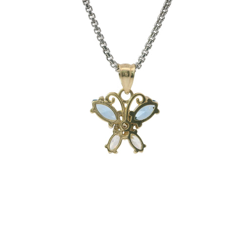 14KT Gold Charm Small Two Tone Quinceanera Butterfly with Light Blue CZ Stones Top Wings and White CZ Stones Lower Wings and Plain Bell