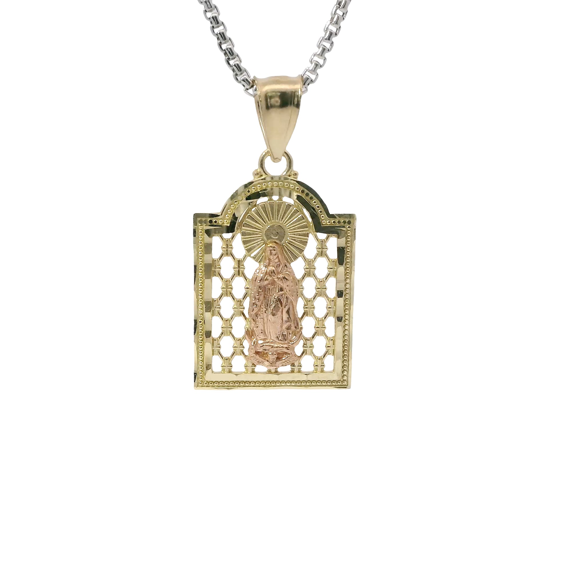 14KT Gold Charm Medium Two Tone Virgin Mary Lattice Square Archway with Plain Bell