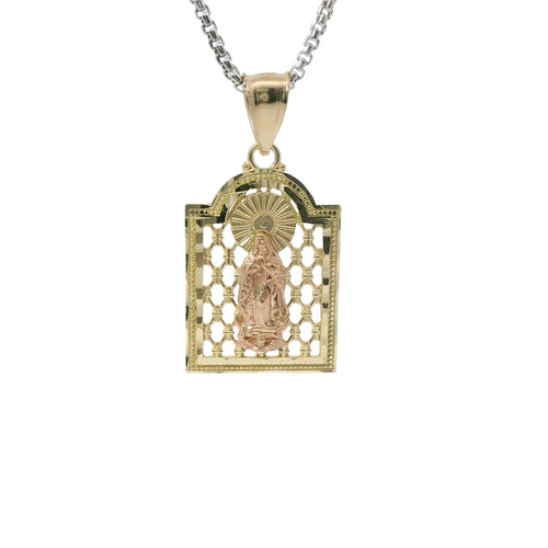 14KT Gold Charm Medium Two Tone Virgin Mary Lattice Square Archway with Plain Bell
