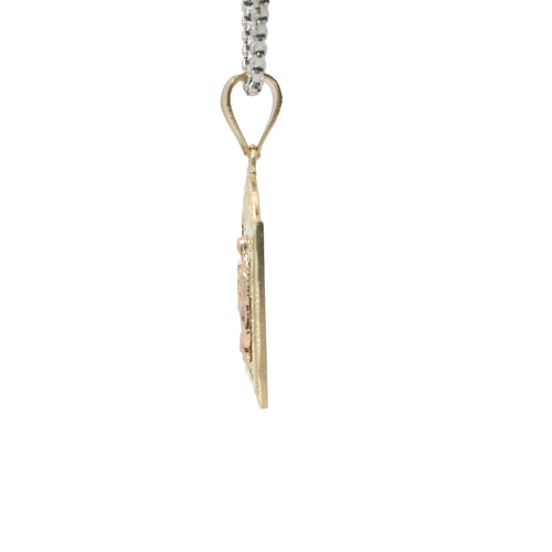14KT Gold Charm Medium Two Tone Virgin Mary Lattice Square Archway with Plain Bell