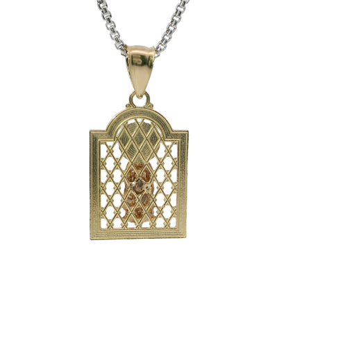 14KT Gold Charm Medium Two Tone Virgin Mary Lattice Square Archway with Plain Bell