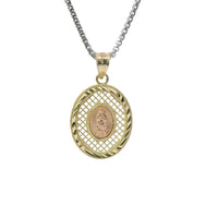 14KT Gold Charm Medium Oval Two Tone Virgin Mary Lattice with Diamond Cut Border and Plain Bell