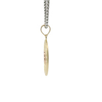 14KT Gold Charm Medium Oval Two Tone Virgin Mary Lattice with Diamond Cut Border and Plain Bell