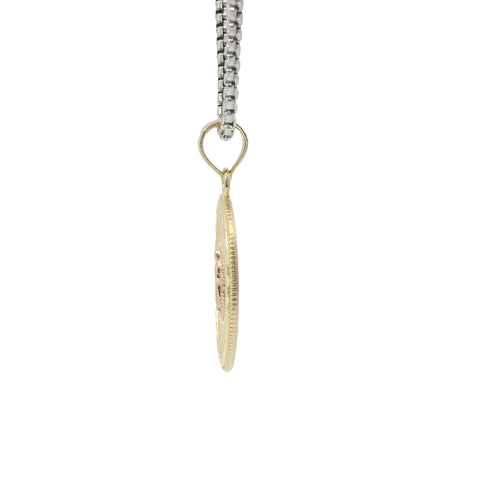 14KT Gold Charm Medium Oval Two Tone Virgin Mary Lattice with Diamond Cut Border and Plain Bell