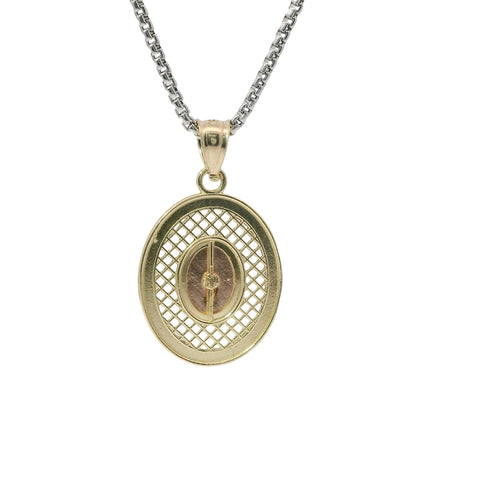 14KT Gold Charm Medium Oval Two Tone Virgin Mary Lattice with Diamond Cut Border and Plain Bell