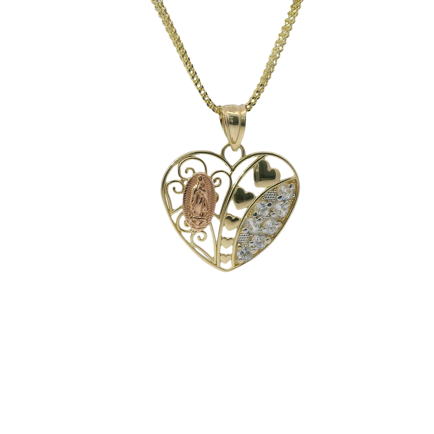 14KT Gold Charm Medium Tri Tone Virgin Mary Heart with Plain Heart Center and Seven White CZ Stones Right Side and Plain Bell