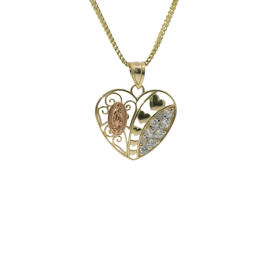 14KT Gold Charm Medium Tri Tone Virgin Mary Heart with Plain Heart Center and Seven White CZ Stones Right Side and Plain Bell