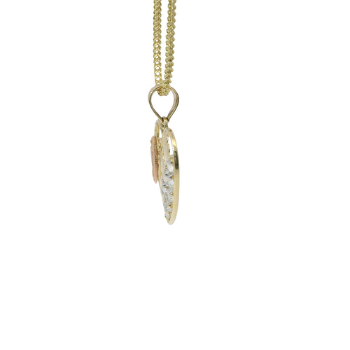 14KT Gold Charm Medium Tri Tone Virgin Mary Heart with Plain Heart Center and Seven White CZ Stones Right Side and Plain Bell