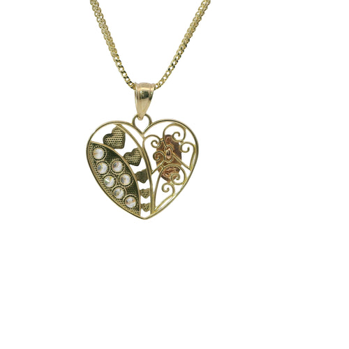 14KT Gold Charm Medium Tri Tone Virgin Mary Heart with Plain Heart Center and Seven White CZ Stones Right Side and Plain Bell