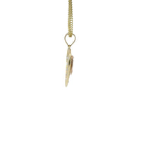 14KT Gold Charm Medium Tri Tone Virgin Mary Heart with Plain Heart Center and Seven White CZ Stones Right Side and Plain Bell