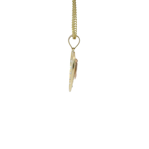 14KT Gold Charm Medium Tri Tone Virgin Mary Heart with Plain Heart Center and Seven White CZ Stones Right Side and Plain Bell