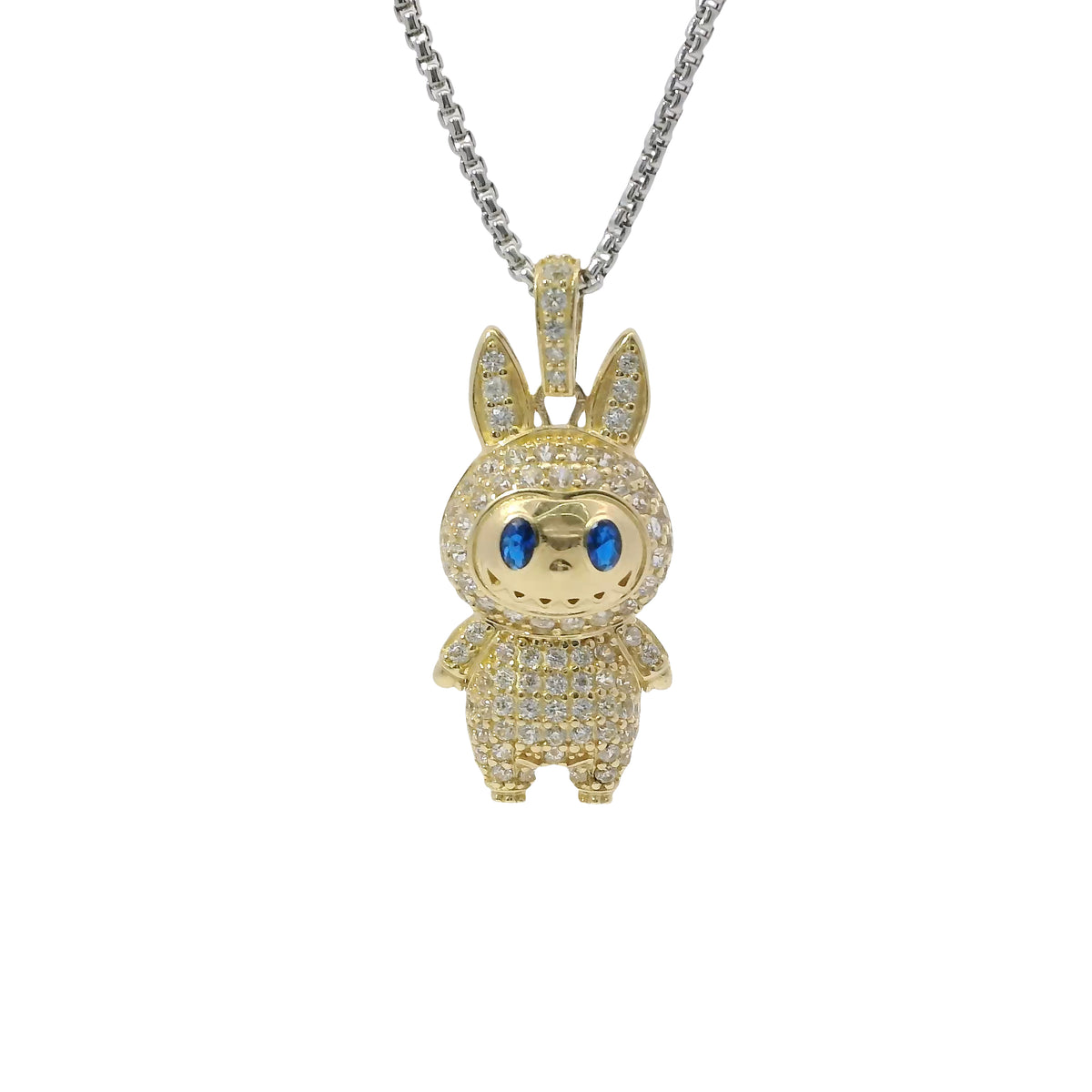 14KT Gold Charm Medium 3D Flat Back LaBuBu Navy Blue Oval CZ Stones Eyes, White CZ Stones Body and Bell