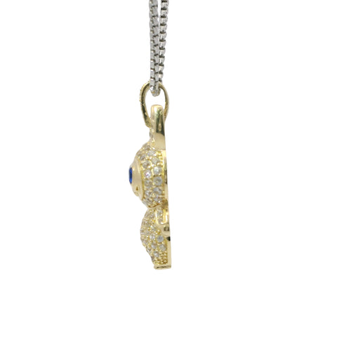 14KT Gold Charm Medium 3D Flat Back LaBuBu Navy Blue Oval CZ Stones Eyes, White CZ Stones Body and Bell