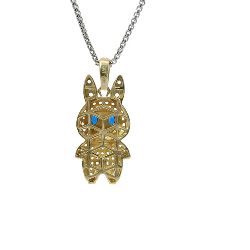 14KT Gold Charm Medium 3D Flat Back LaBuBu Navy Blue Oval CZ Stones Eyes, White CZ Stones Body and Bell