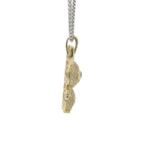 14KT Gold Charm Medium 3D Flat Back LaBuBu Navy Blue Oval CZ Stones Eyes, White CZ Stones Body and Bell