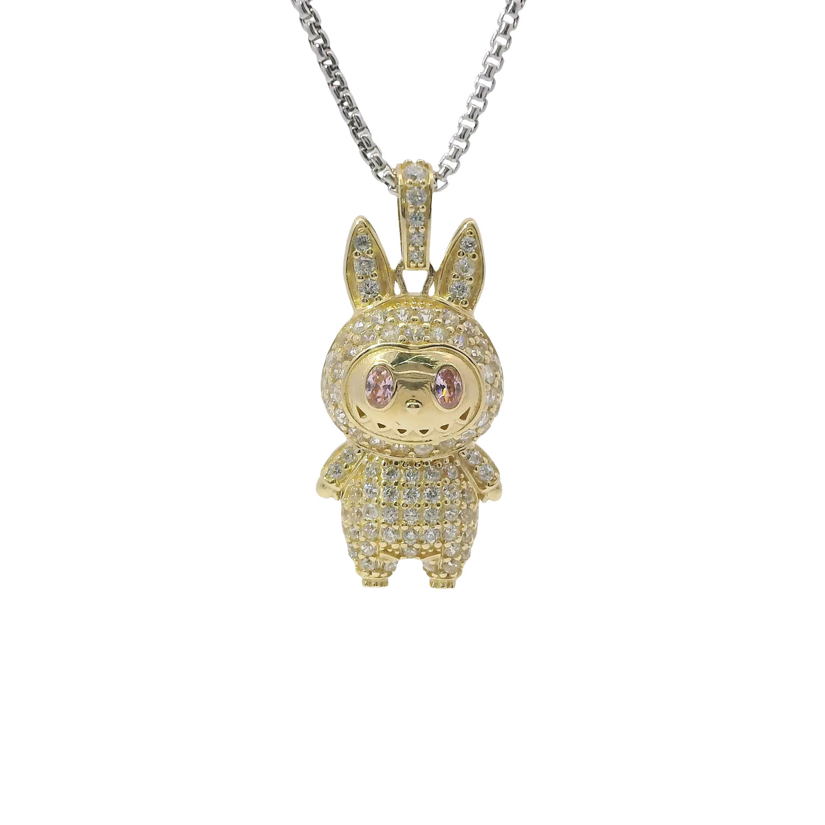 14KT Gold Charm Medium 3D Flat Back LaBuBu Pink Oval CZ Stones Eyes, White CZ Stones Body and Bell