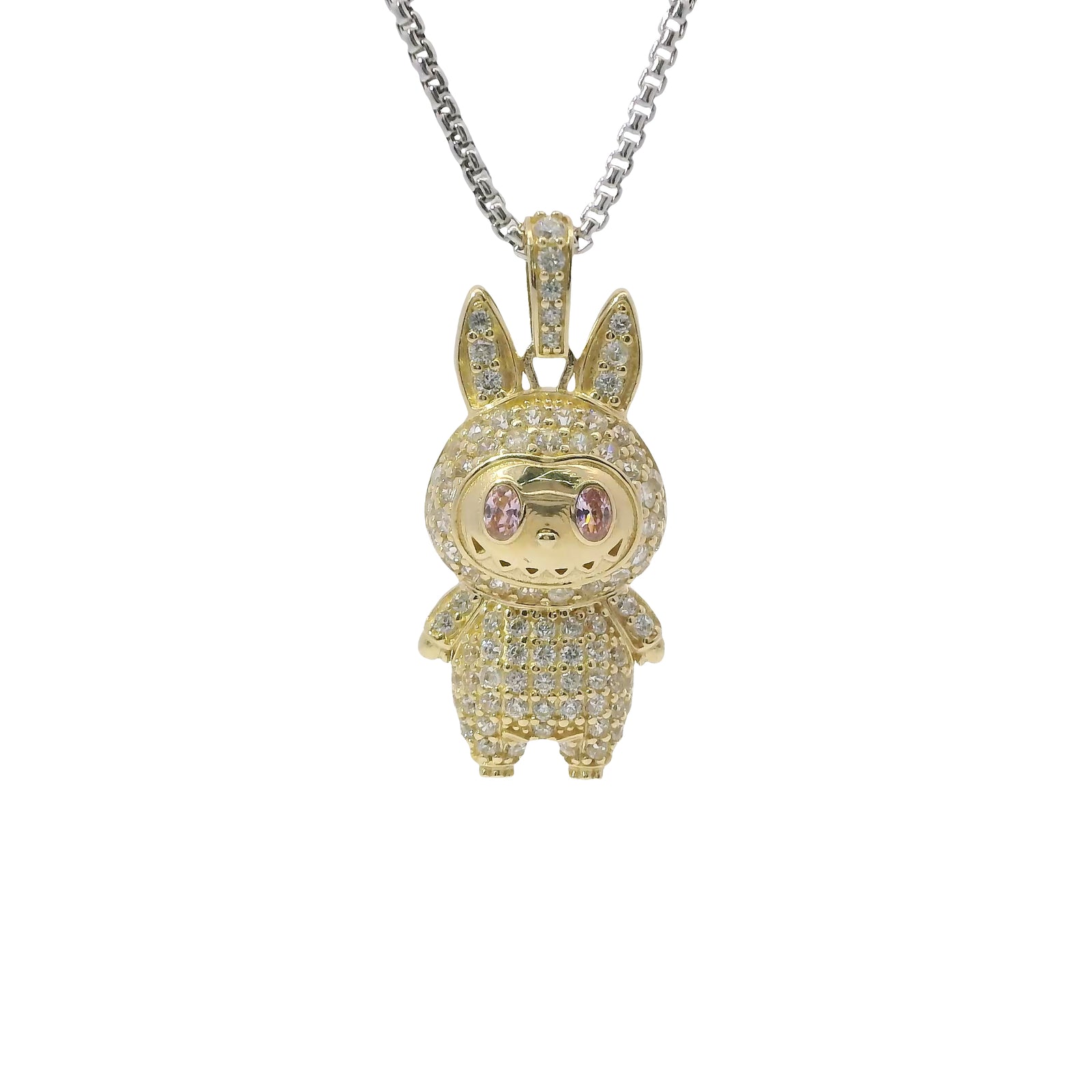 14KT Gold Charm Medium 3D Flat Back LaBuBu Pink Oval CZ Stones Eyes, White CZ Stones Body and Bell