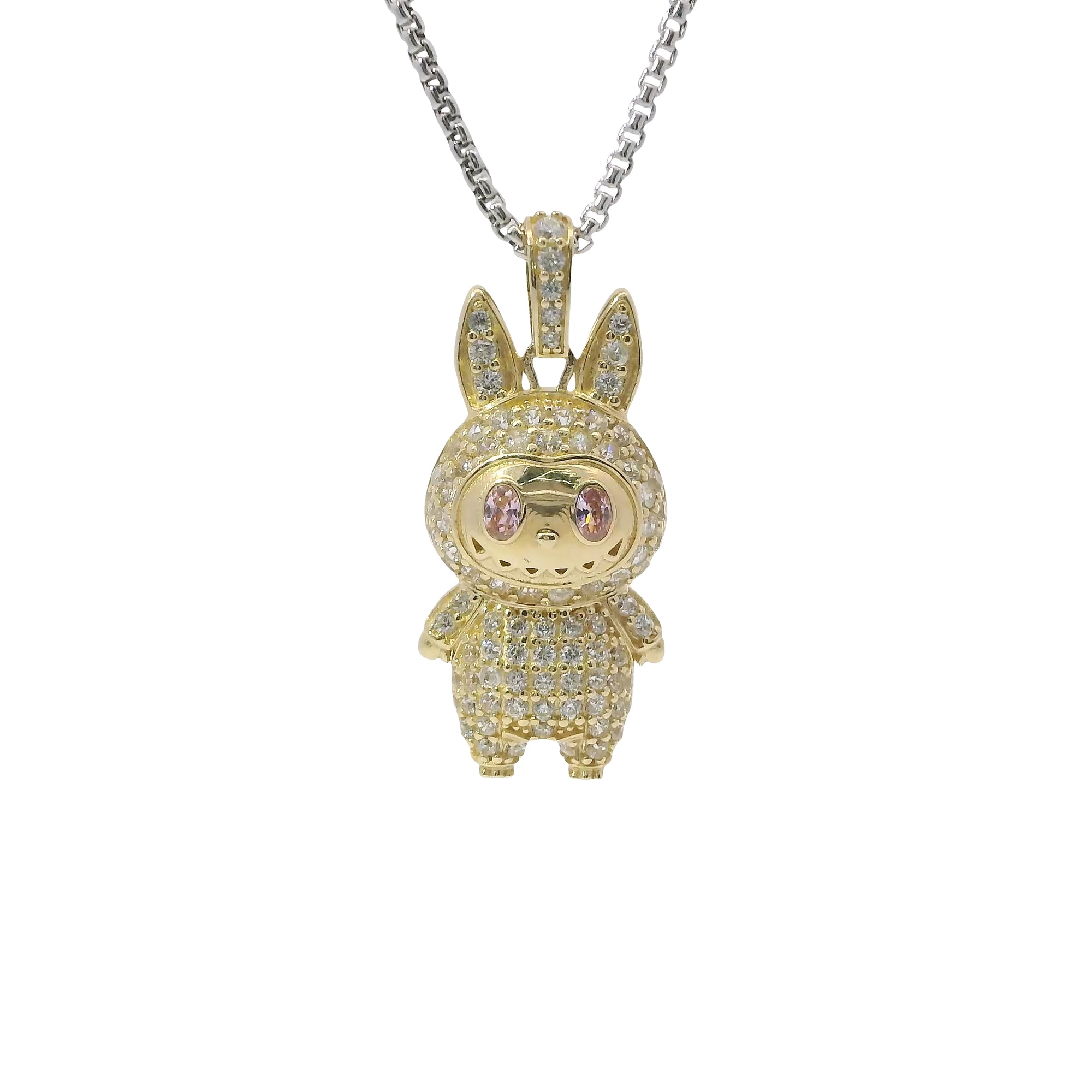 14KT Gold Charm Medium 3D Flat Back LaBuBu Pink Oval CZ Stones Eyes, White CZ Stones Body and Bell