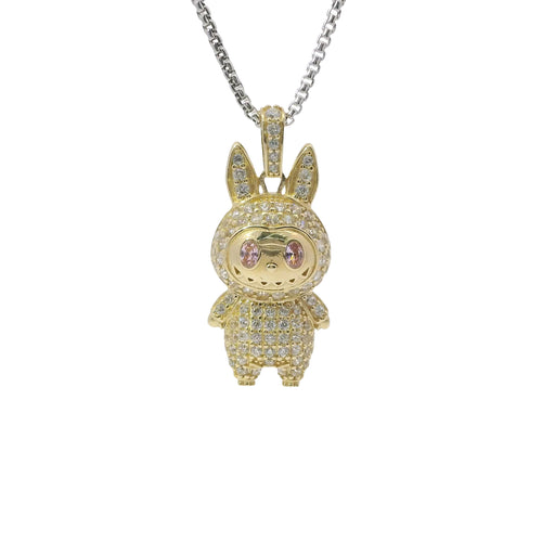 14KT Gold Charm Medium 3D Flat Back LaBuBu Pink Oval CZ Stones Eyes, White CZ Stones Body and Bell