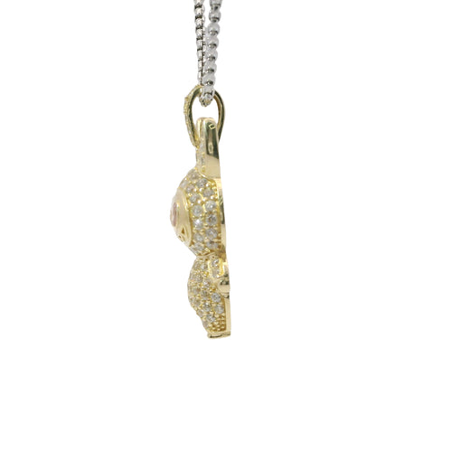 14KT Gold Charm Medium 3D Flat Back LaBuBu Pink Oval CZ Stones Eyes, White CZ Stones Body and Bell