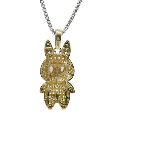 14KT Gold Charm Medium 3D Flat Back LaBuBu Pink Oval CZ Stones Eyes, White CZ Stones Body and Bell