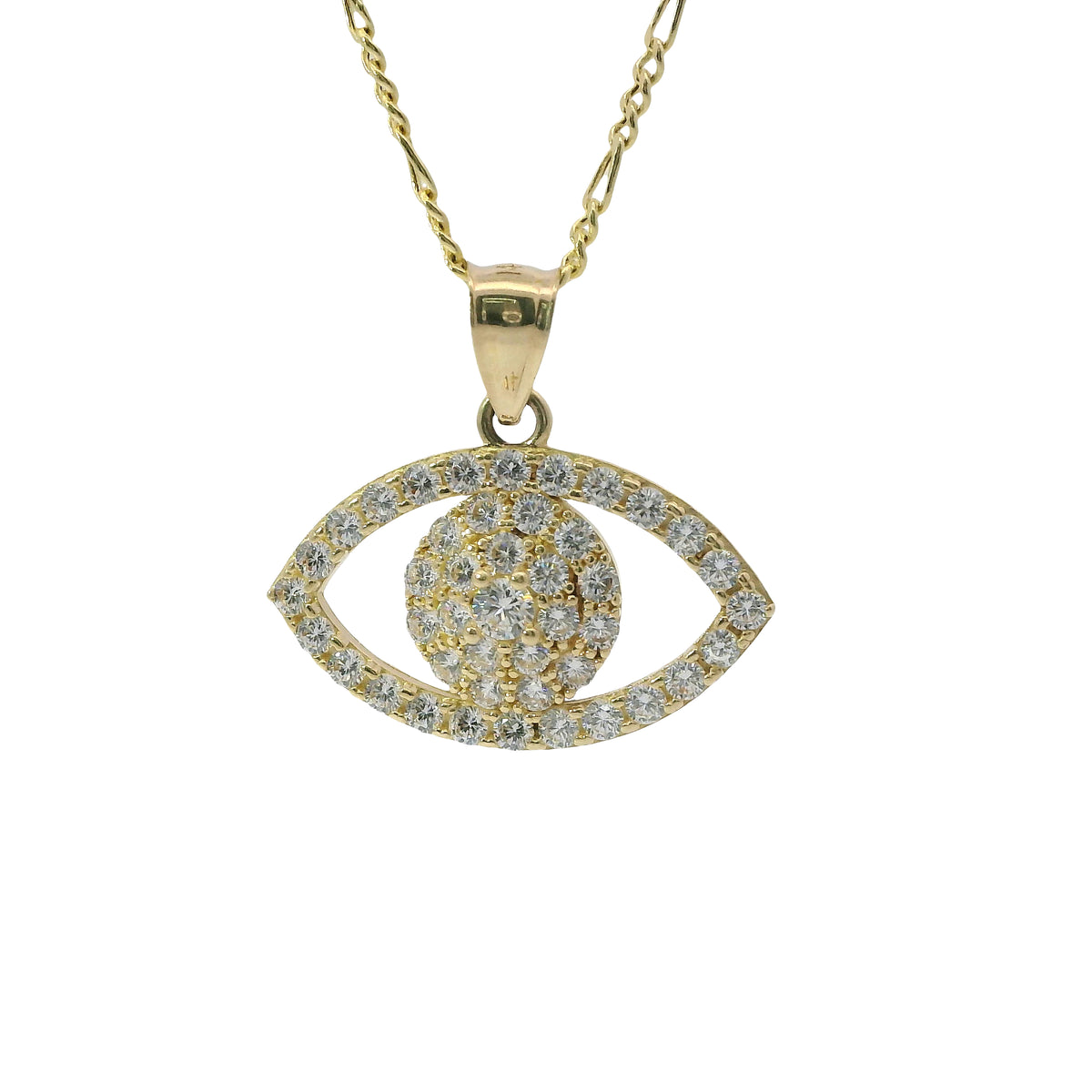 14KT Gold Charm Medium White CZ Stones Evil Eye Outline with Plain Bell