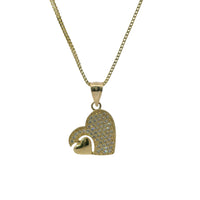 14KT Gold Charm Medium White CZ Stones Heart with Smaller Plain Heart on Left Side with Plain Bell