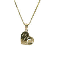 14KT Gold Charm Medium White CZ Stones Heart with Smaller Plain Heart on Left Side with Plain Bell