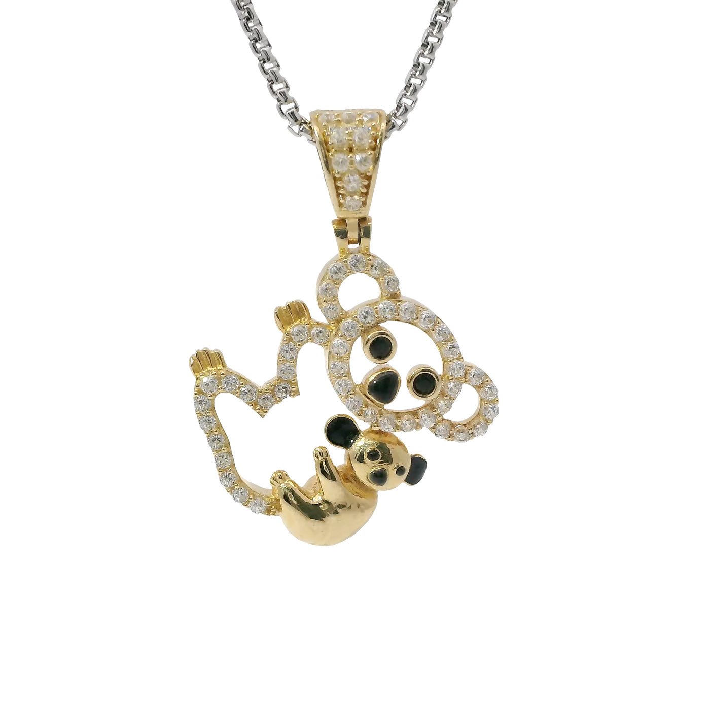14KT Gold Charm Medium White CZ Stones Koala Bear Outline with Plain Baby, Black CZ Stones Eyes, Enamel Noses, and White CZ Stones Bell