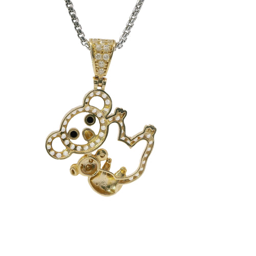 14KT Gold Charm Medium White CZ Stones Koala Bear Outline with Plain Baby, Black CZ Stones Eyes, Enamel Noses, and White CZ Stones Bell