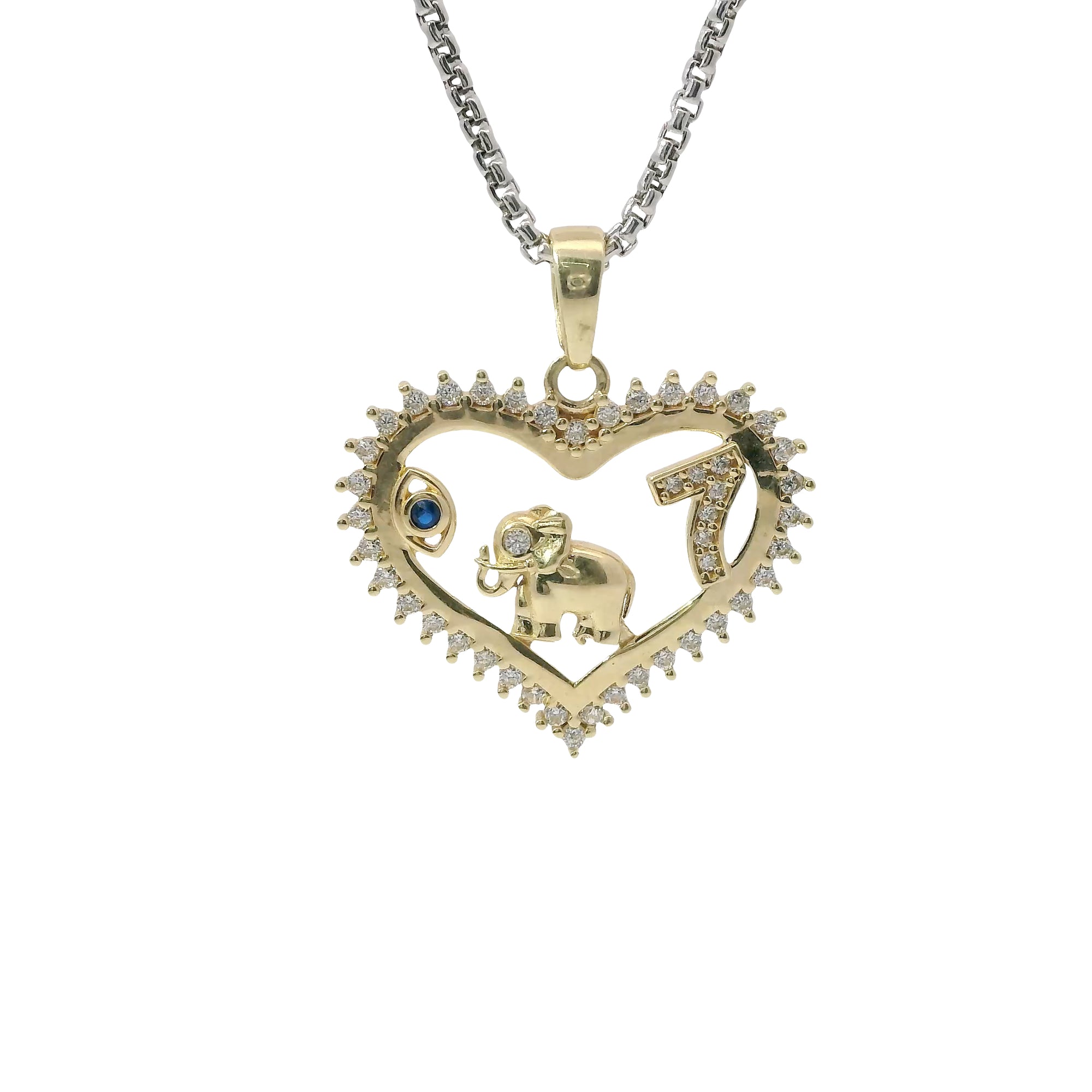 14KT Gold Charm Medium White CZ Stones Open Heart Outline with Navy Blue CZ Eye, White CZ Stone Eyed Plain Elephant, White CZ Stones 7, and Plain Bell