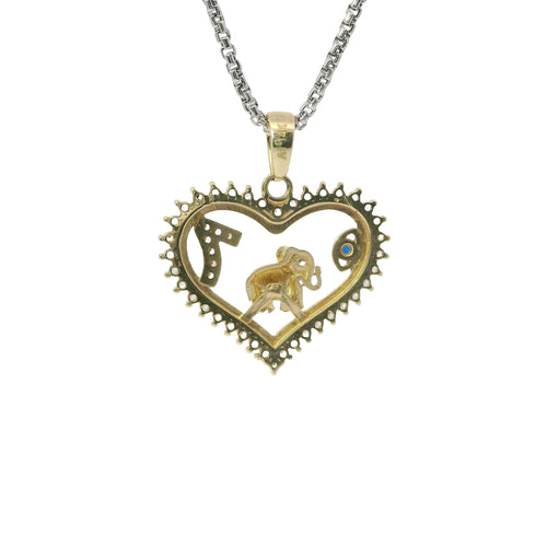 14KT Gold Charm Medium White CZ Stones Open Heart Outline with Navy Blue CZ Eye, White CZ Stone Eyed Plain Elephant, White CZ Stones 7, and Plain Bell