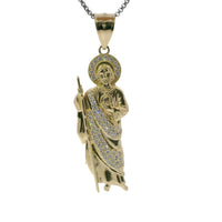 14KT Gold Charm Medium St Jude with Round White CZ Stones Robe and Halo and Plain Bell