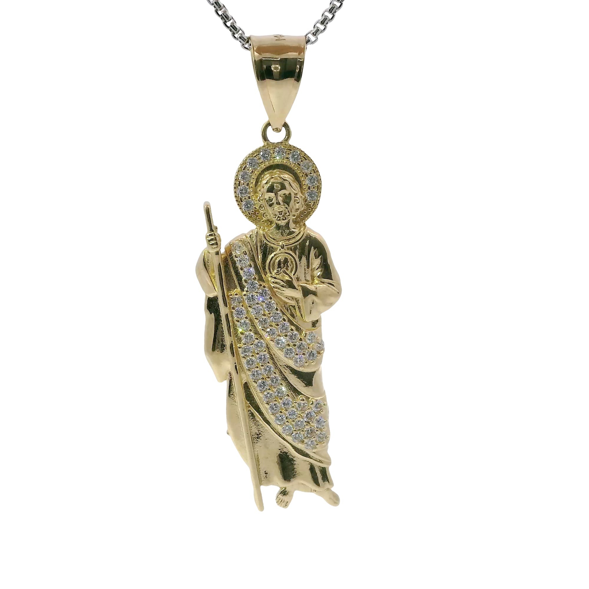 14KT Gold Charm Medium St Jude with Round White CZ Stones Robe and Halo and Plain Bell