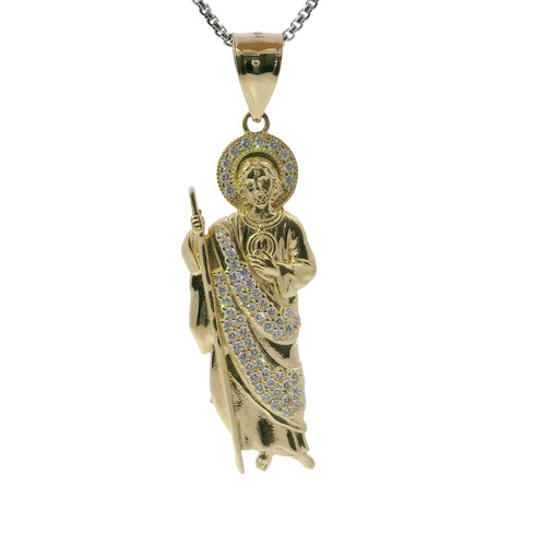 14KT Gold Charm Medium St Jude with Round White CZ Stones Robe and Halo and Plain Bell