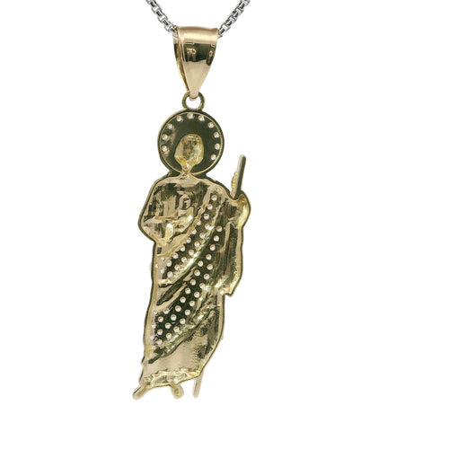 14KT Gold Charm Medium St Jude with Round White CZ Stones Robe and Halo and Plain Bell