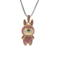 14KT Gold Charm Medium 3D Flat Back LaBuBu White Oval CZ Stones Eyes, Dark Pink CZ Stones Body and Bell