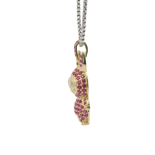 14KT Gold Charm Medium 3D Flat Back LaBuBu White Oval CZ Stones Eyes, Dark Pink CZ Stones Body and Bell
