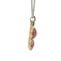 14KT Gold Charm Medium 3D Flat Back LaBuBu White Oval CZ Stones Eyes, Dark Pink CZ Stones Body and Bell