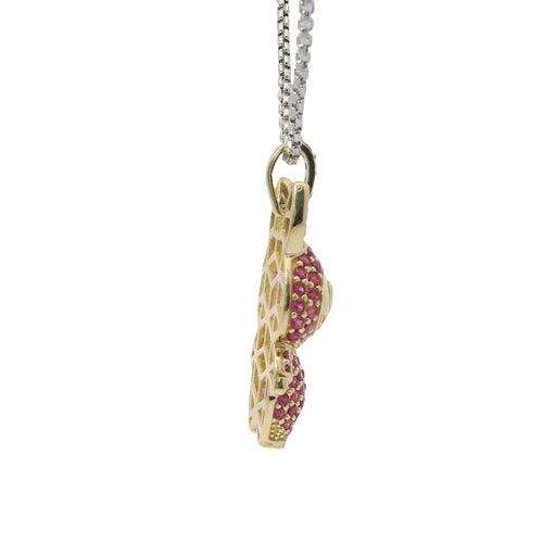 14KT Gold Charm Medium 3D Flat Back LaBuBu White Oval CZ Stones Eyes, Dark Pink CZ Stones Body and Bell