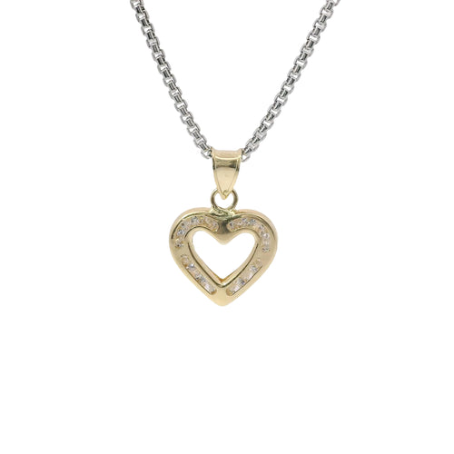 14KT Gold Charm Small White CZ Stones Open Heart Outline with Plain Bell