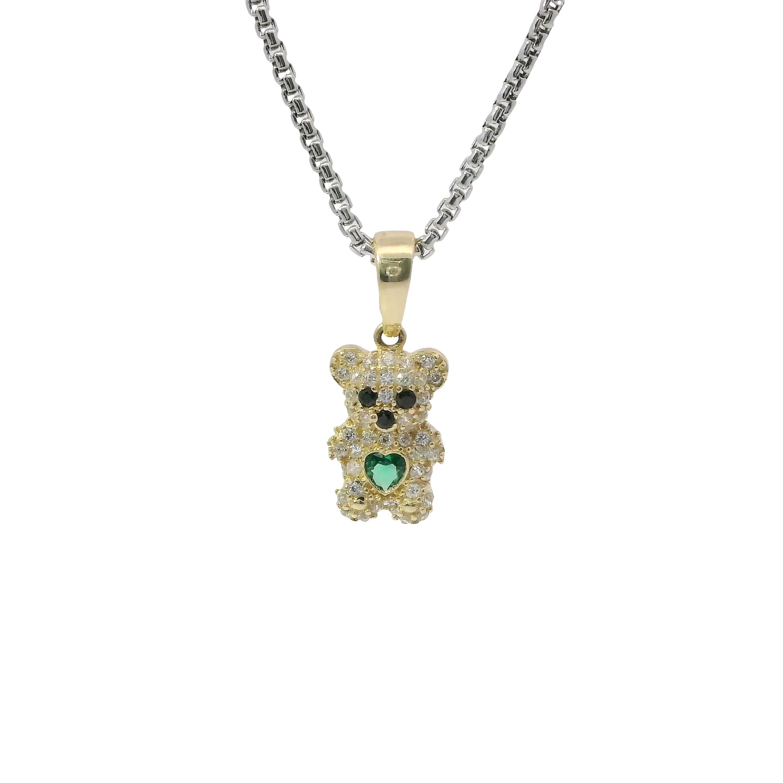 14KT Gold Charm Extra Small White CZ Stones Teddy Bear with Dark Green Heart Belly and Plain Bell