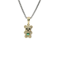 14KT Gold Charm Extra Small White CZ Stones Teddy Bear with Dark Green Heart Belly and Plain Bell