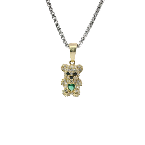 14KT Gold Charm Extra Small White CZ Stones Teddy Bear with Dark Green Heart Belly and Plain Bell
