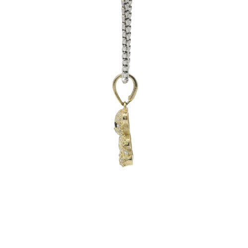 14KT Gold Charm Extra Small White CZ Stones Teddy Bear with Dark Green Heart Belly and Plain Bell