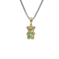 14KT Gold Charm Extra Small White CZ Stones Teddy Bear with Dark Green Heart Belly and Plain Bell